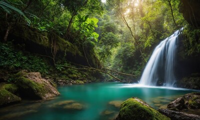 Waterfall hidden in the tropical jungle, amazing nature