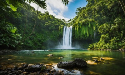 Obraz premium Waterfall hidden in the tropical jungle, amazing nature