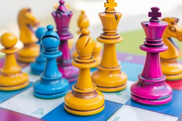brightly colored chess pieces set up on a white and blue board