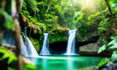 Waterfall hidden in the tropical jungle, amazing nature