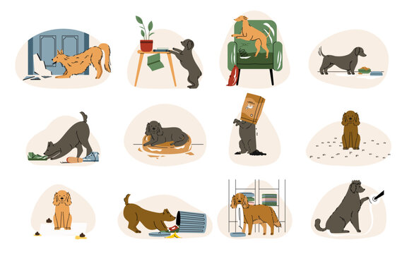 Dogs making mess. Cartoon naughty puppies destroying and damaging home territory, pet doggy behavior and mood concept. Vector isolated set