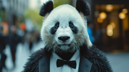 Fashionable panda roams city streets in tailored elegance, epitomizing street style. The realistic...