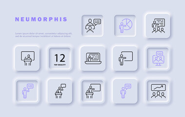 Teamwork set line icon. Public speaking, laptop, monitor, graphs, pie chart, microphone. Neomorphism style. Vector line icon for business and advertising