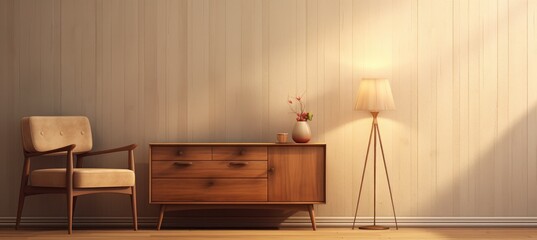 A photo of a room featuring a chair, lamp, and dresser as the main subjects, creating a simple and functional space.
