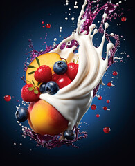 Natural yogurt with pieces of different fruits. Color background. Banner.