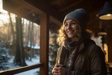 Poster A female tourist enjoying the peaceful lakeside scenery, with a cabin and mountains in the background © Rax Qiu