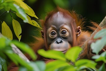 orangutan baby peeking out from tree foliage - obrazy, fototapety, plakaty
