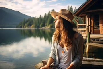 Tuinposter A female tourist enjoying the peaceful lakeside scenery, with a cabin and mountains in the background © Rax Qiu