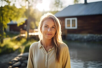 Obraz premium A female tourist enjoying the peaceful lakeside scenery, with a cabin and mountains in the background