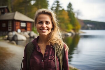 Obraz premium A female tourist enjoying the peaceful lakeside scenery, with a cabin and mountains in the background