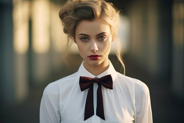 A woman accessorizing her outfit with a delicate trendy bow tied around her neck, lending a feminine and playful flair to her look.