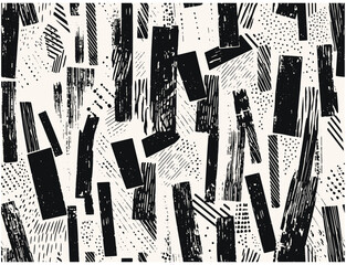 Perfectly seamless pattern with grunge bold ink brushstrokes, vector repeated abstract texture. Organic shapes background, black and white monochrome wallpaper