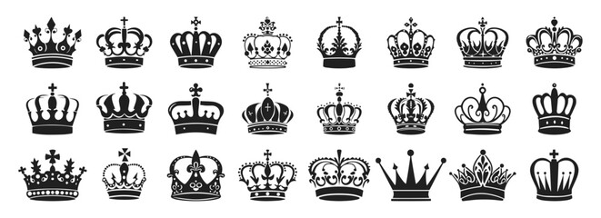Crowns vector illustration. King, queen tiara, princess diadem in style of hand drawn black doodle on white background. Corona silhouette sketch - obrazy, fototapety, plakaty