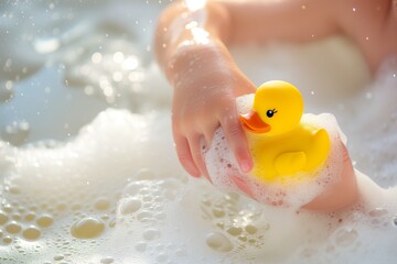 child playing with rubber duck in bubble bath