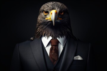 Portrait of a man with the head of a hawk, dressed in a sharp business suit, exuding an aura of authority