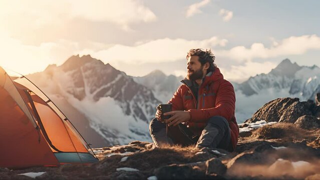 Handsome man smiling and relaxing in nature winter season during camping. 4k video footage