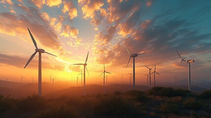 A stunning image capturing the graceful presence of a group of windmills standing proudly in the peaceful grassy landscape.