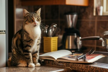 cat sitting on a counter with cookbook and utensils - obrazy, fototapety, plakaty