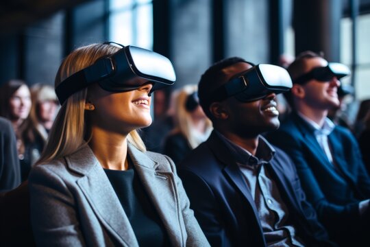 Virtual reality a European woman and an Asian man, both aged 32, attending a virtual reality conference, networking with virtual avatars of people from around the world.