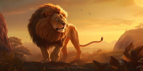 Majestic lion on the background of the savannah. Generative AI