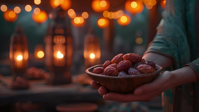 Hand holding full plate of date fruits. Ramadan lantern decoration. 4k video footage