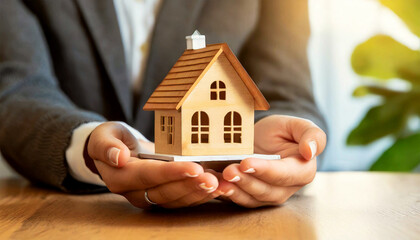 Close-up of the cupped hands of a real estate agent holding a small wooden model house on a wooden desk. Generative Ai.