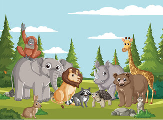 Cartoon animals gathered in a sunny forest landscape.
