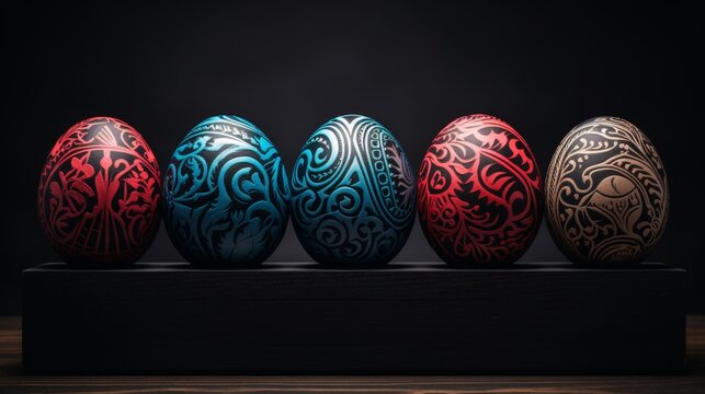 Vibrant and intricately decorated easter eggs against rustic background with colorful lighting
