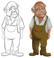Colorful and line art illustrations of a sad elderly man.