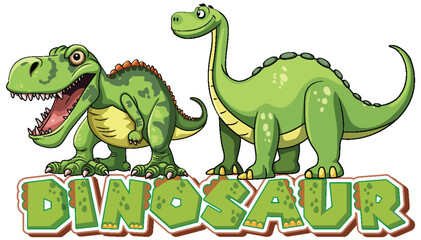Two smiling dinosaurs with a colorful text logo