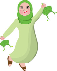 Happy muslim kids cartoon holding a ketupat