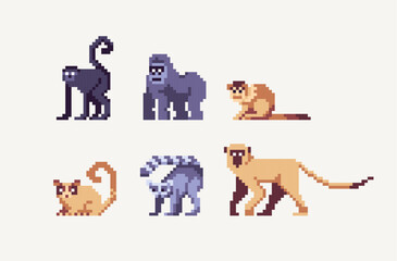 Monkey pixel art set. Primate, apes collection. 8 bit. Game development, mobile app. Isolated vector illustration. Cross stitch pattern. © SickleMoon