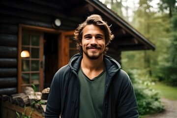 Fototapeta premium A male tourist by a lake with a cabin and trees in a tranquil setting