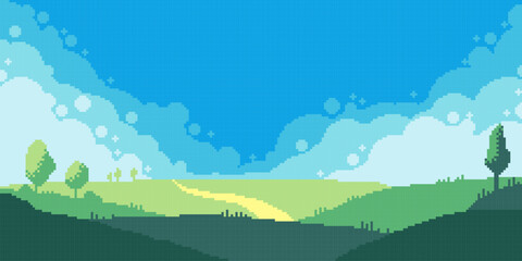 Fototapeta na wymiar Meadow landscape pixel art element. Green sunny field. 8 bit. Game development, mobile app. Isolated vector illustration. Cross stitch pattern.