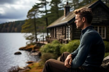 A male tourist by a lake with a cabin and trees in a tranquil setting