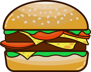 Isolated outline simple cheese burger, icon of fast food, with meat, salad and cheese