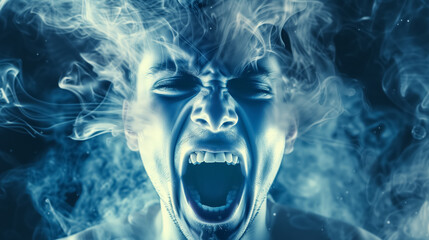 Man screaming amidst ethereal smoke.