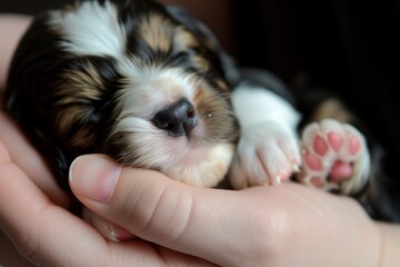 closeup of a newborn puppy being held carefully in a persons palms