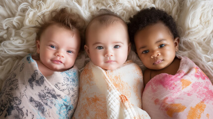 Three diverse babies wrapped in blankets.