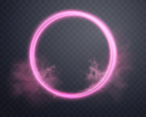Pink magic ring with glowing. Neon realistic energy flare halo ring. Abstract light effect on a dark transparent background. Vector illustration.