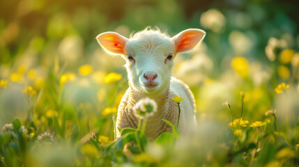 Naklejka na ściany i meble Adorable lamb in a sunny field of flowers.