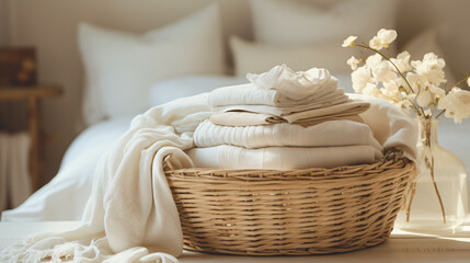 Fototapeta na wymiar A basket with clean linen in an atmosphere of home.