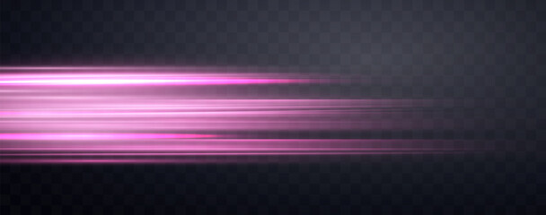 Speed rays, velocity light neon flow, zoom in motion effect, pink glow speed lines, colorful light trails, stripes. Abstract background, vector illustration.