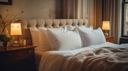 A bed with white sheets and pillows in a room.