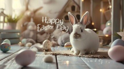Easter bunny and easter eggs with text "Happy Easter Day" made with Ai generative technology