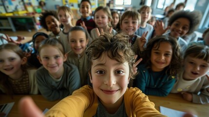 Selfie class in school. Happy children in class. Taking pictures together at school