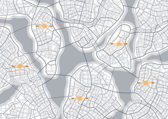 Concept of your location on map. Location tracks dashboard. Generic city map with signs of streets, roads, house. Simple scheme of city. Vector illustration, background