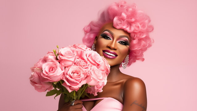 Drag Queen with pink hair with a bouquet of pink roses on a pastel peach background. black man in a female form.