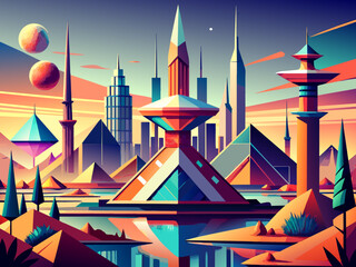 Geometric shapes morphing into futuristic buildings. vektor illustation