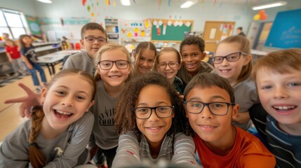 Obraz premium Selfie class in school. Happy children in class. Taking pictures together at school